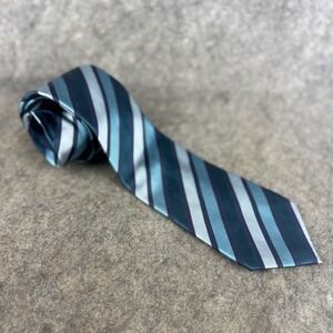 BCBG Attitude Mens Silk Necktie Teal Navy Blue Striped Formal Business Tie